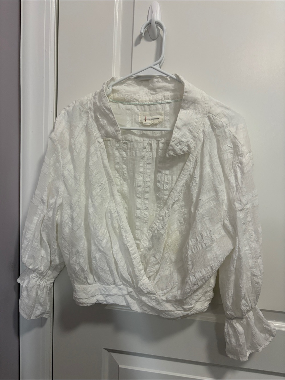 Anthropologie White Textured Open-Front Wrap Blouse